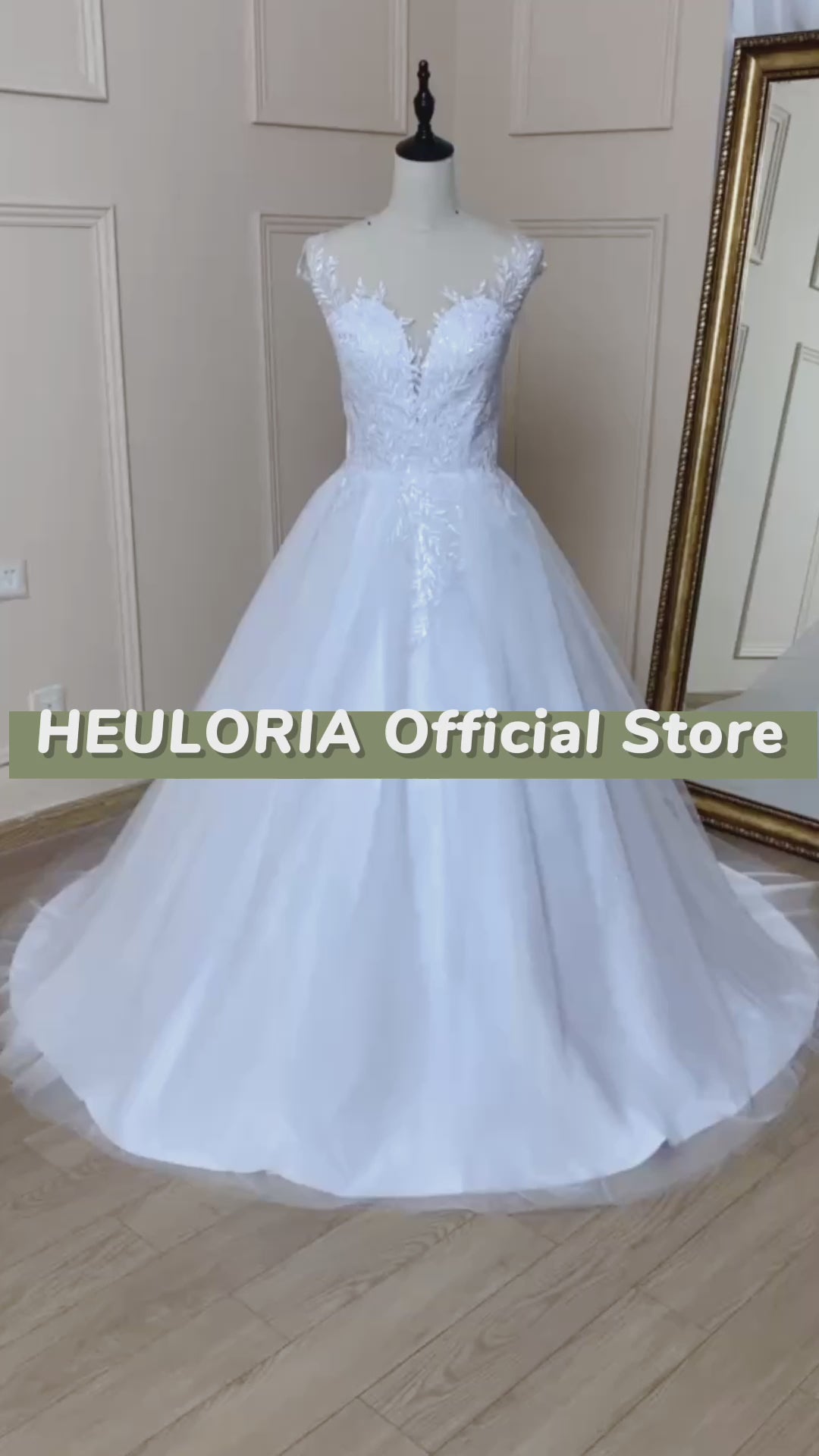 HEULORIA A-line Scoop Illusion Court Train Lace Tulle Wedding Dress With Sequins AL-526