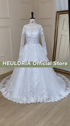HEULORIA Long Sleeve Lace Ball Gown Wedding Dress with Illusion Neckline BA-644