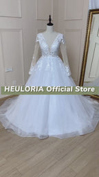 HEULORIA V-Neck Lace Beaded Long Sleeve A-Line Wedding Dress AL-532