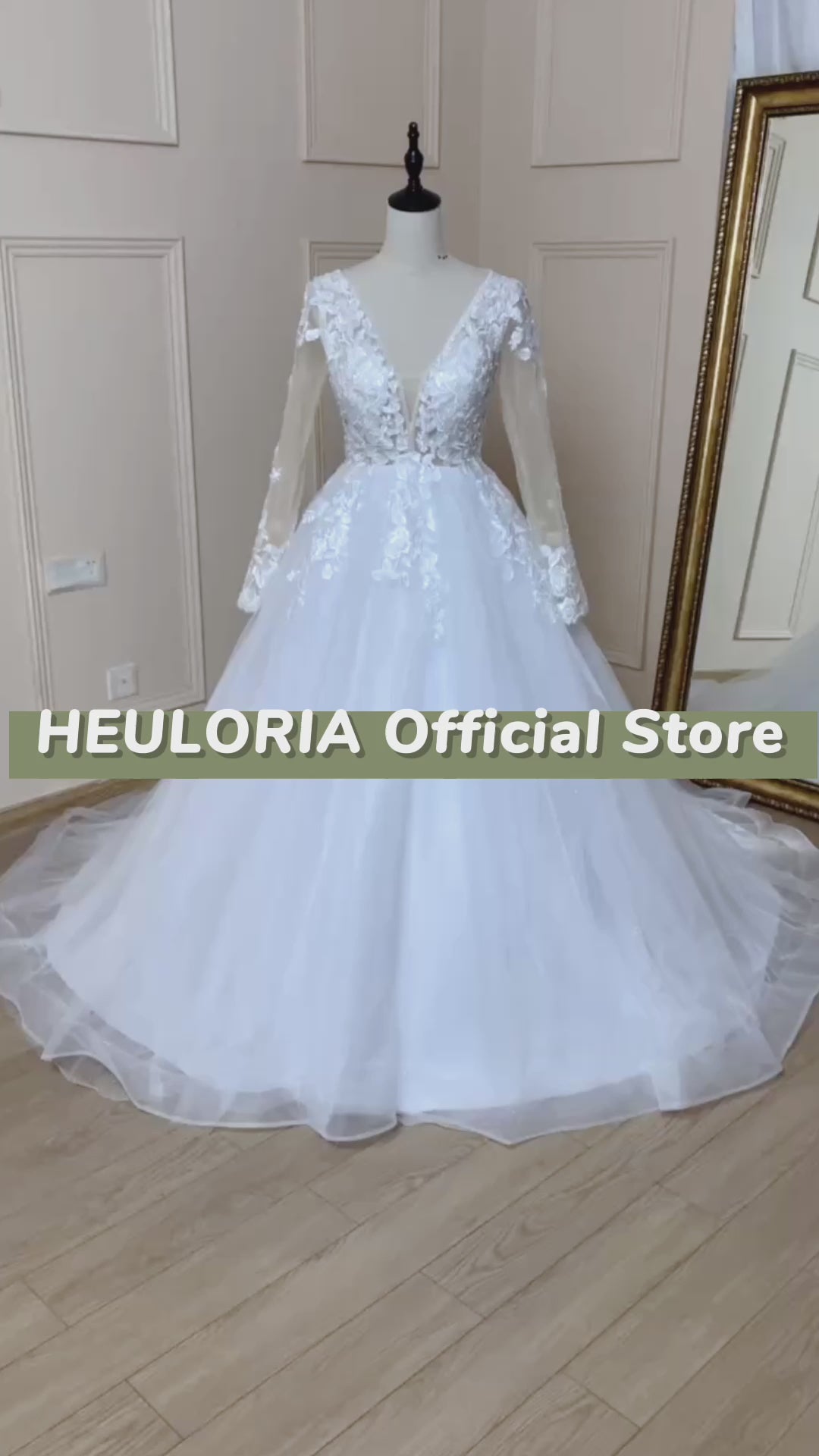 HEULORIA elegant A line wedding dress V neck long sleeve lace beading bride dress Robe De Mariee Wedding Bride Dress long train AL-532