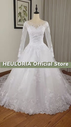 Illusion Lace Long Sleeve Pearl Beaded Ball Gown Wedding Dress BA-535
