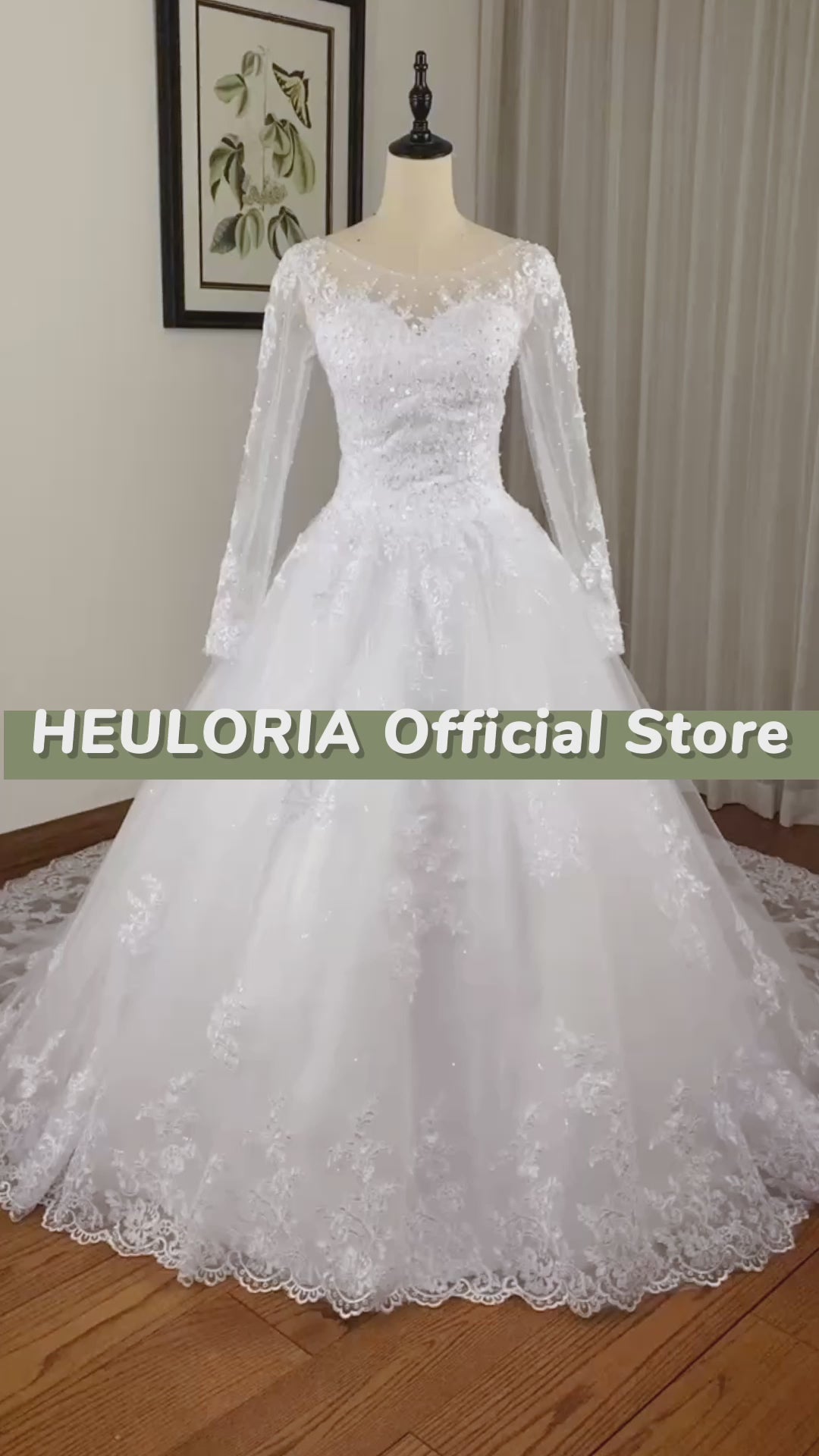HEULORIA princess wedding dress long sleeve shinny skirt lace applique plus size pearl beads bride dress customize BA-535