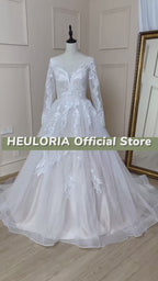 HEULORIA V-Neck Lace Appliqué Long Sleeve A-Line Wedding Dress with Open Back AL-562