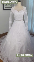 Plus Size Long Sleeve Lace Princess Ball Gown Wedding Dress with Beaded Details BA-649