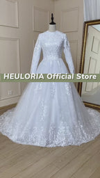 HEULORIA Modest Lace Beaded Long Sleeve Ball Gown Wedding Dress with Round Neck and Court Train BA-570