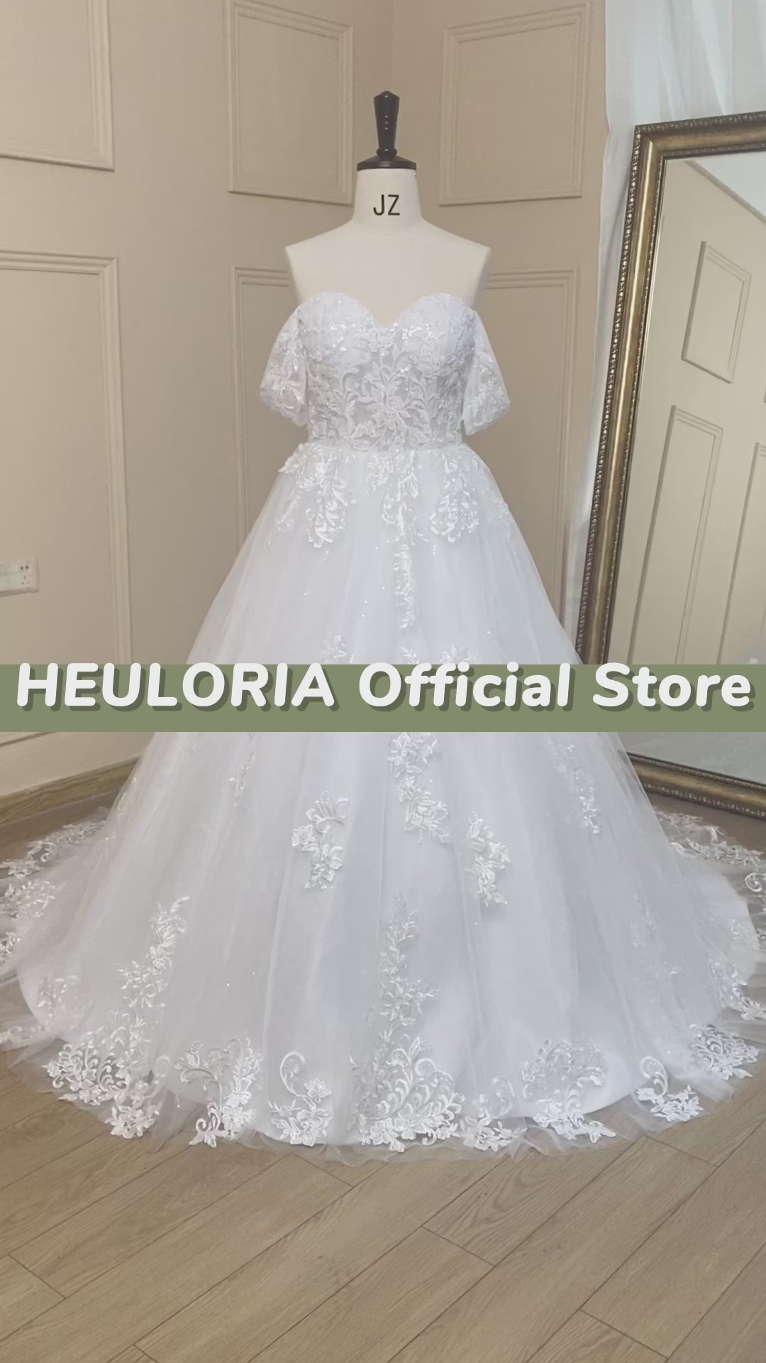 HEULORIA Ball-Gown/Princess Off the Shoulder Detachable sleeve Court Train Tulle Lace Wedding Dress With Sequins Beading BA-718A