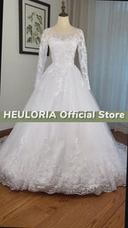 HEULORIA Long Sleeve Lace Appliqué Ball Gown Wedding Dress with Lace-Up Back BA-557