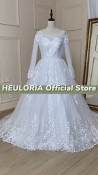 HEULORIA Off Shoulder Lace Appliqué Long Sleeve Ball Gown Wedding Dress with Sweep Train BA-574