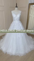 HEULORIA V-Neck Lace Boho Ball Gown Wedding Dress with Long Train BA-604
