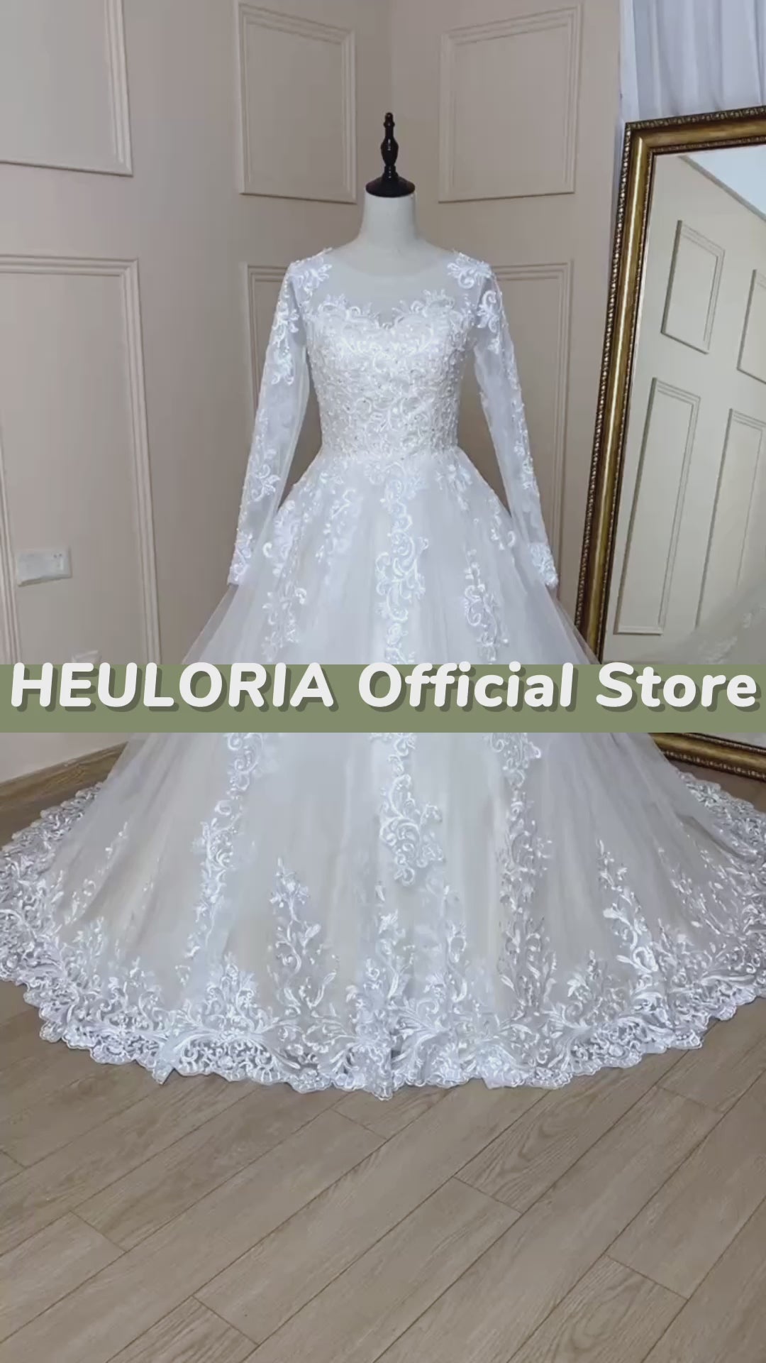 HEULORIA vestido de fiesta de princesa vestido de novia de manga larga vestido de novia cuello redondo de talla grande vestido de novia de encaje con cuentas 