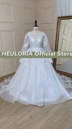 HEULORIA V-Neck Long Sleeve A-Line Wedding Dress with Long Train AL-656