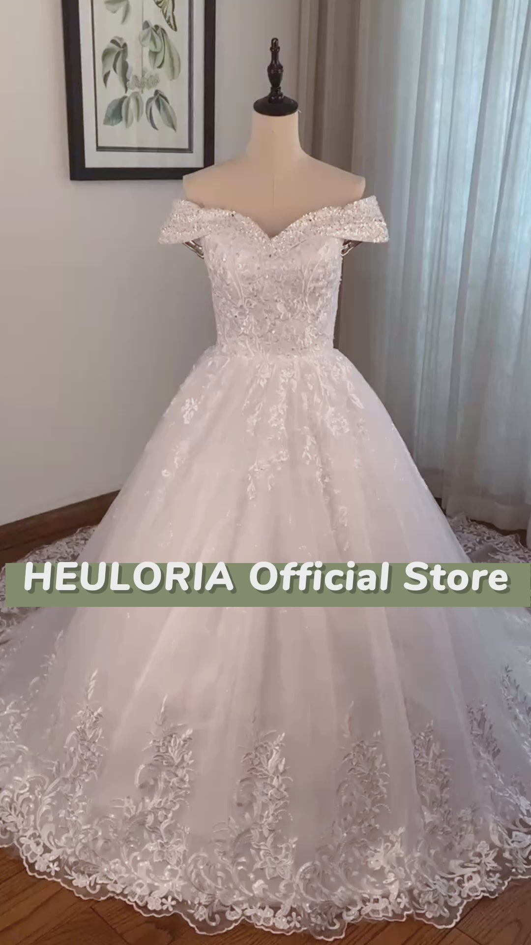 HEULORIA Ball-Gown/Princess Off the Shoulder Detachable sleeve Court Train Tulle Lace Wedding Dress With Sequins Beading BA-0929
