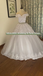 HEULORIA Off Shoulder Lace Ball Gown Wedding Dress with Crystal Belt BA-676