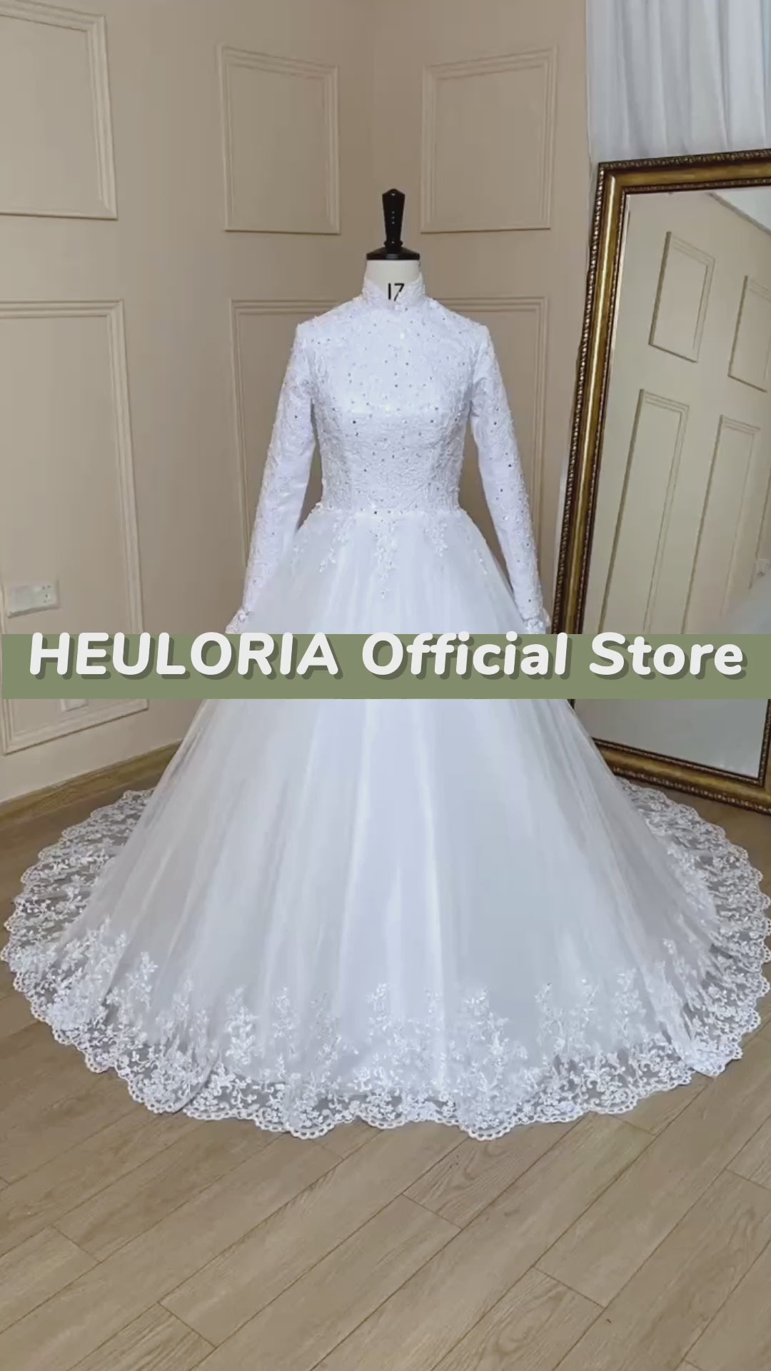 HEULORIA princess Wedding Dress long sleeve high neck bride dress lace beading Plus size muslim wedding gown court train BA-632