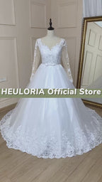 HEULORIA Lace Beaded V-Neck Long Sleeve Princess Ball Gown Wedding Dress BA-588