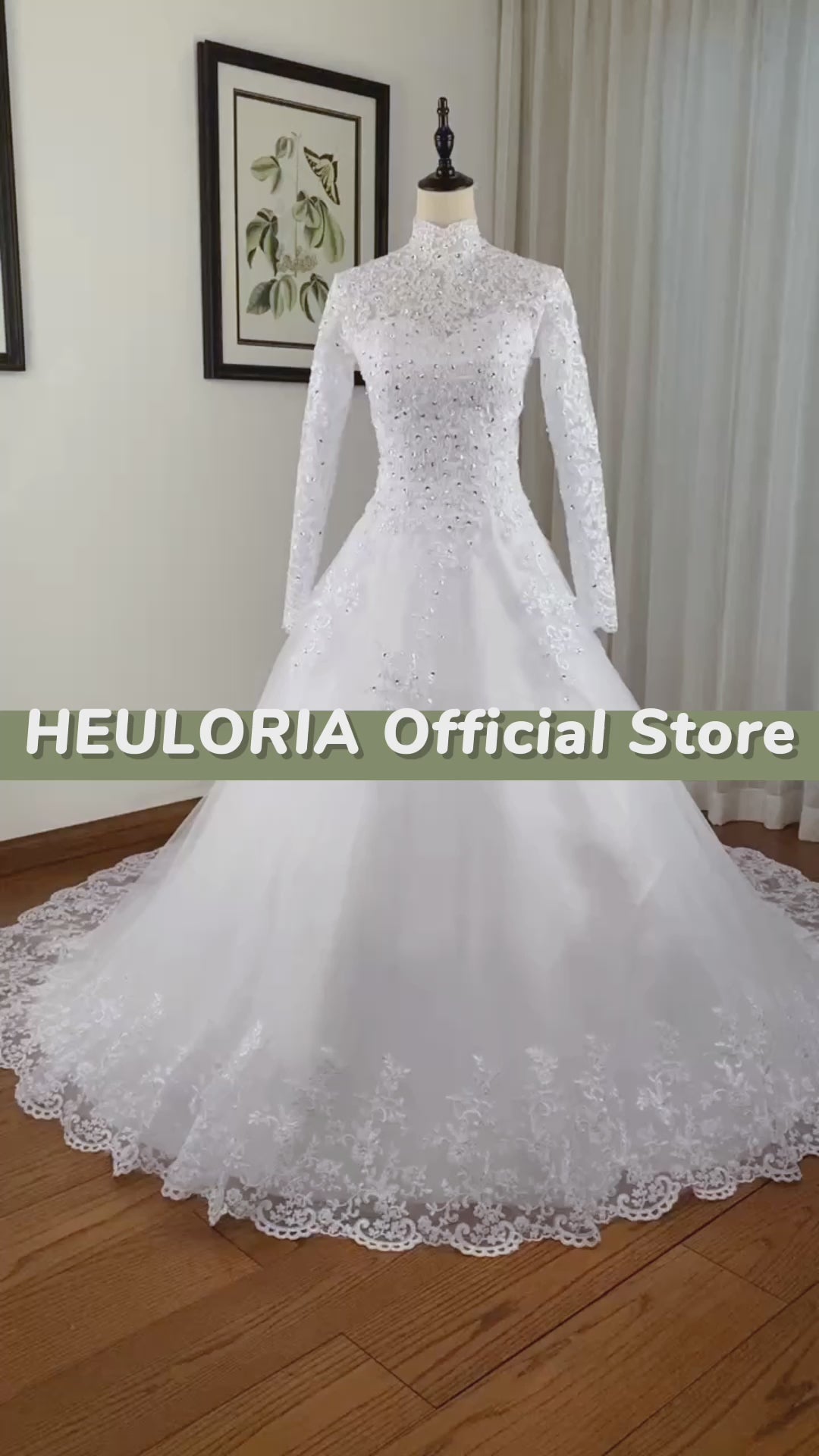 HEULORIA Muslim Wedding Dress long sleeve high neck bride dress Lace beading Wedding Gown BA-N-Classic
