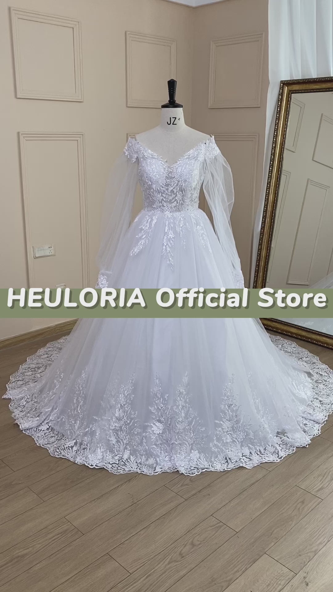 HEULORIA Ball-Gown/Princess V-Neck long sleeve Cathedral Train Tulle Lace Wedding Dress With Sequins BA-711A