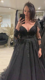 Deep V Glitter Lace Long Sleeve Black A-Line Wedding Dress AL-QK91