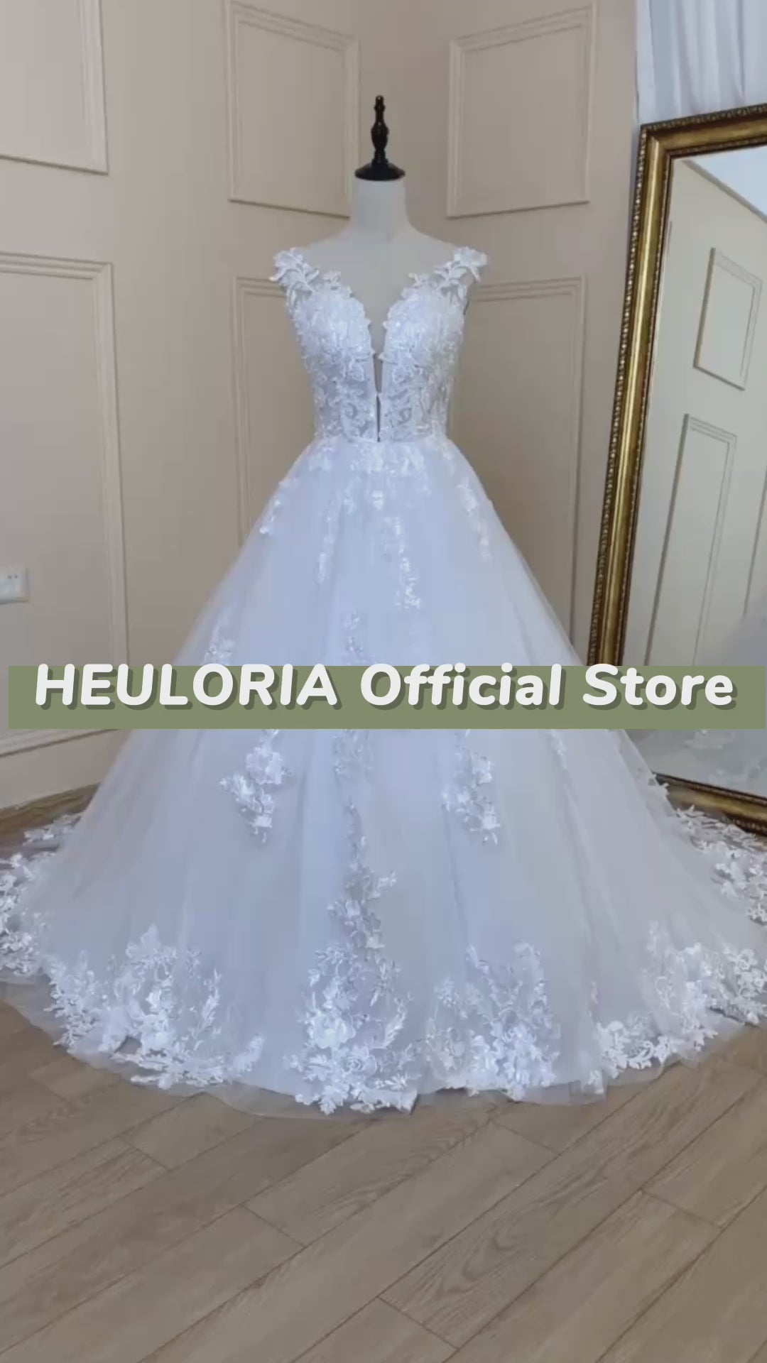 HEULORIA A-line V-Neck Sweep Train Lace Tulle Wedding Dress With Sequins Beading AL-529A