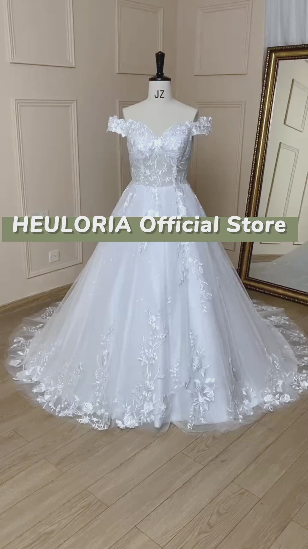 HEULORIA Ball-Gown/Princess Off the Shoulder Court Train Tulle Lace Wedding Dress With Sequins Beading BA-616