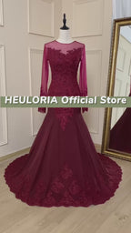 HEULORIA Burgundy Illusion Long Sleeve Lace Appliqué Mermaid Evening Dress with Court Train – ED-582