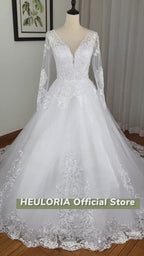 V-Neck Long Sleeve Lace Beaded Princess Ball Gown Wedding Dress BA-702