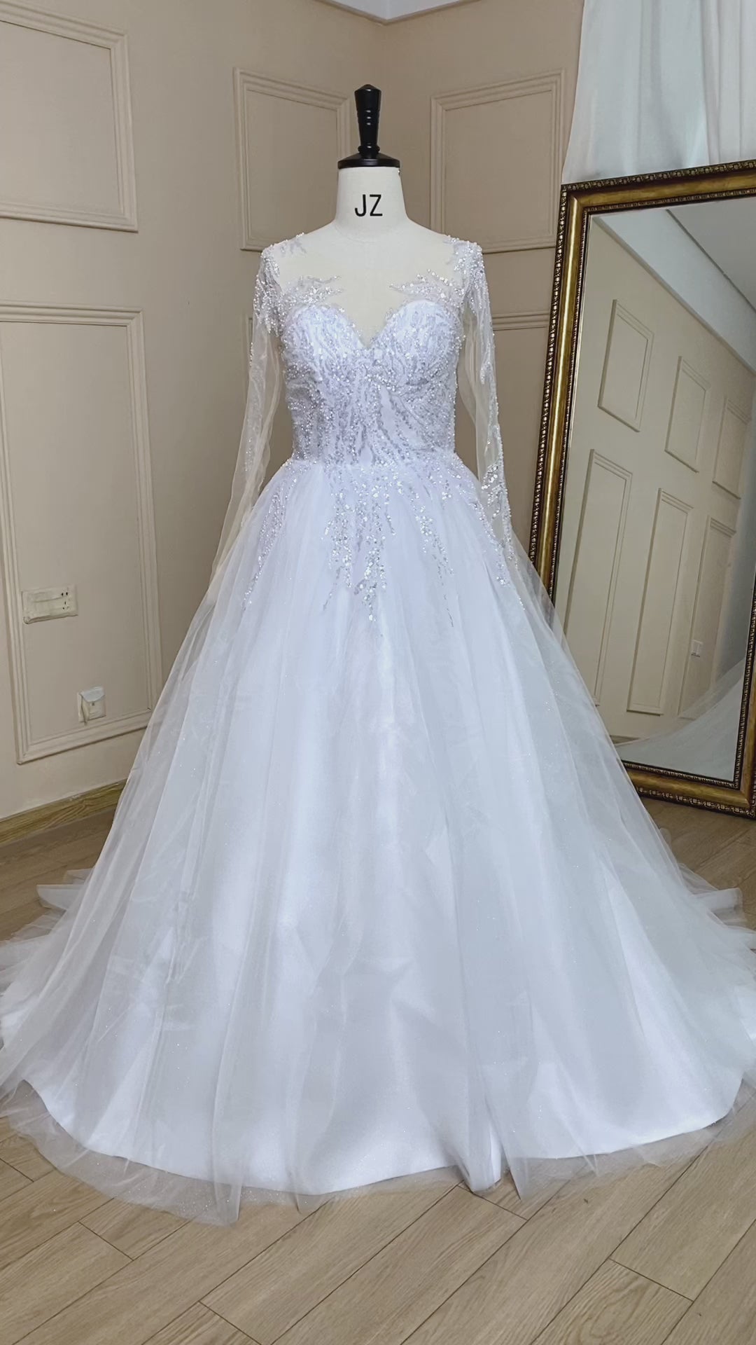 HEULORIA elegant A line long sleeve Court Train Tulle Lace Wedding Dress With Sequins Beading AL-723