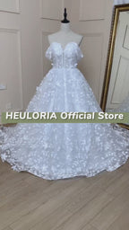 HEULORIA 3D Floral Lace A-Line Wedding Dress with Off Shoulder Sleeves and Corset Bodice BA-531A