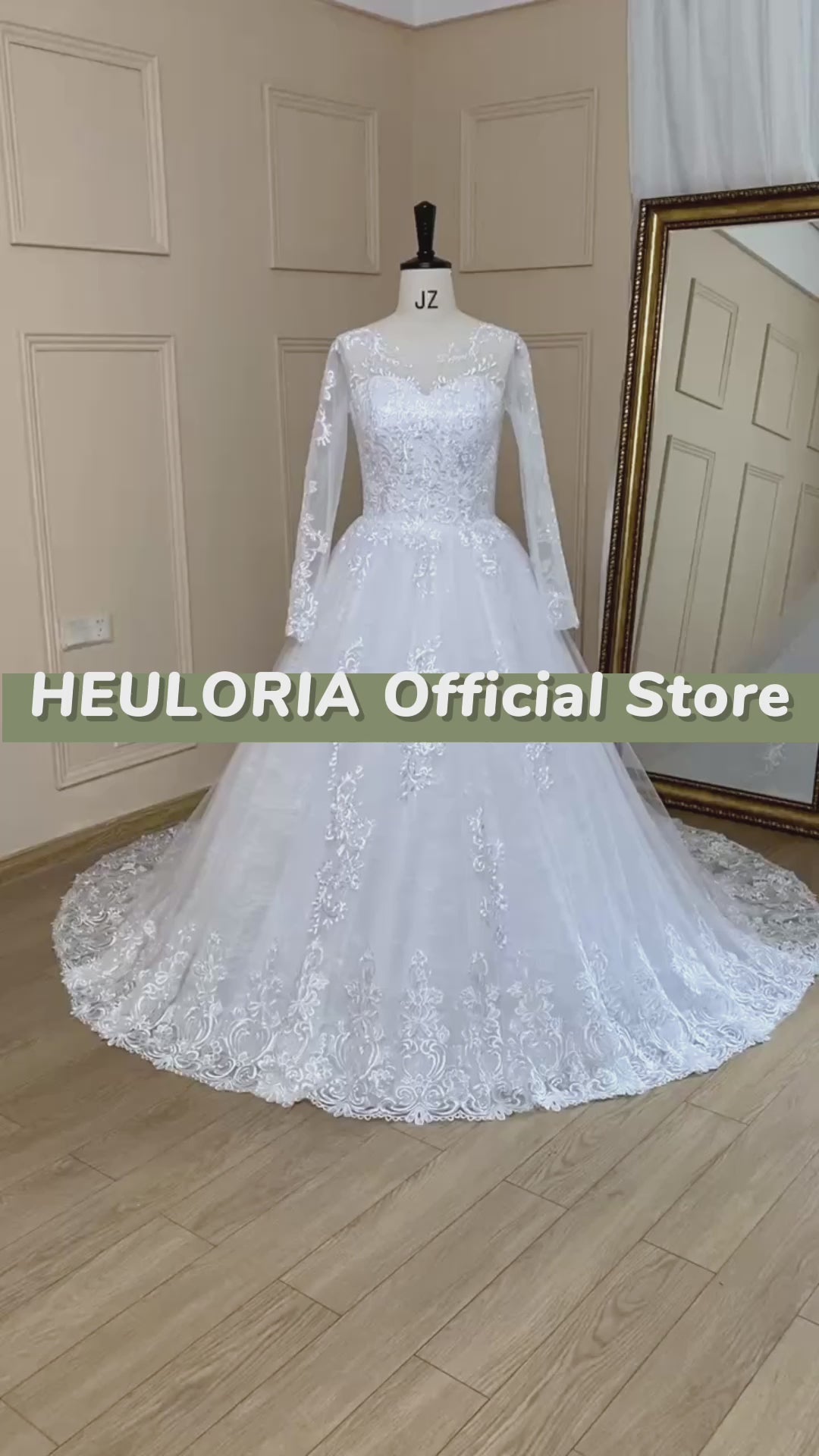 HEULORIA Ball-Gown/Princess V-Neck long sleeve Cathedral Train Tulle Lace Wedding Dress With Sequins BA-636