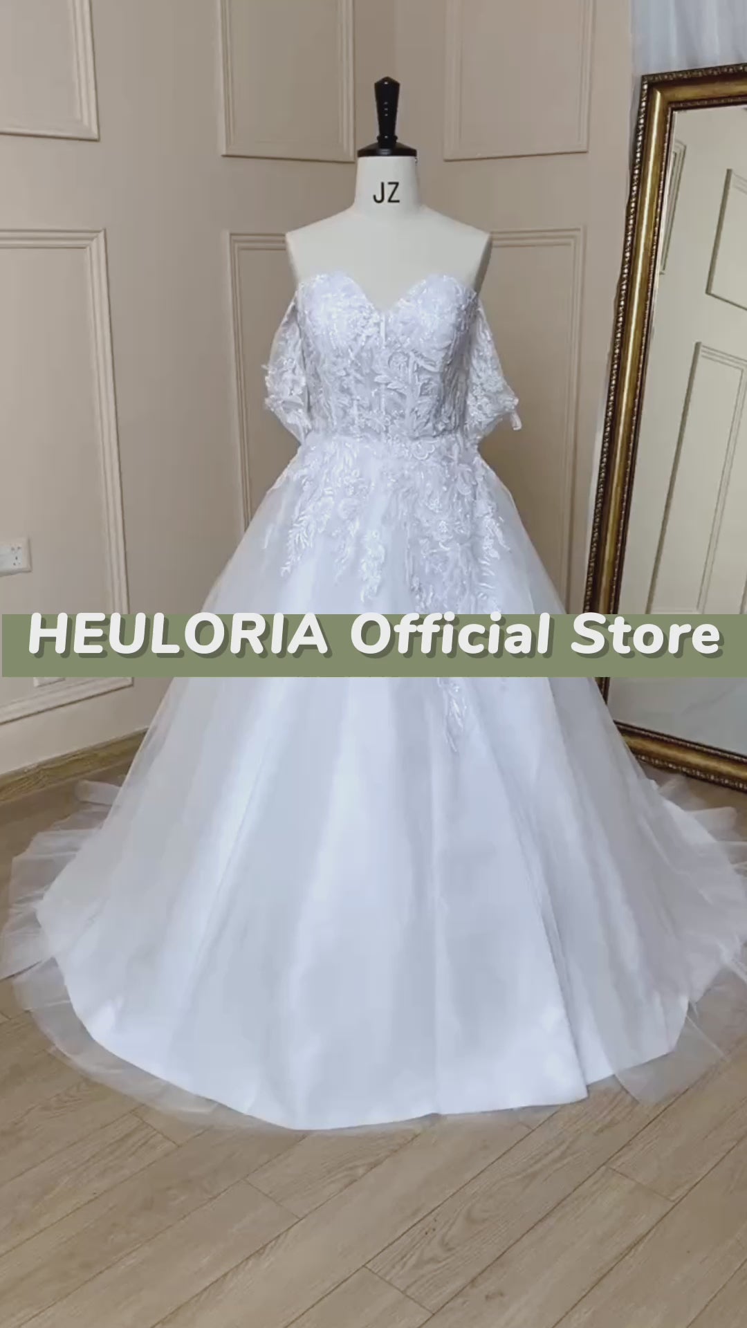 HEULORIA A-line Off the Shoulder Court Train Tulle Lace Wedding Dress With Sequins AL-639