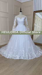 HEULORIA Vintage Lace Appliqué Long Sleeve Princess Wedding Dress with Court Train BA-547A