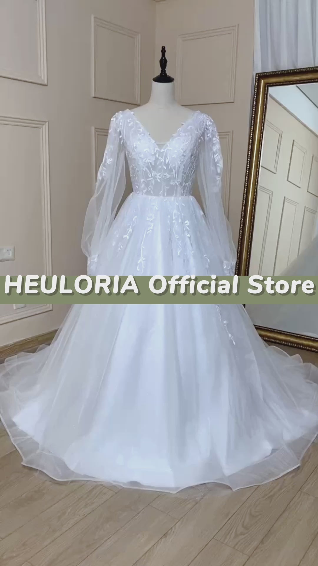 HEULORIA A-line V-Neck long sleeve Court Train Lace Wedding Dress With Sequins AL-578A