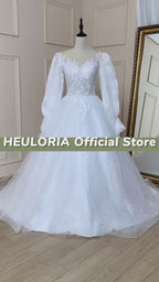 HEULORIA Romantic Lace Appliqué A-Line Wedding Dress with Long Puff Sleeves and Train BA-571