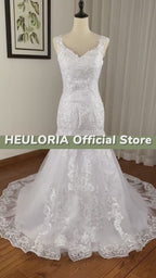 HEULORIA Scalloped V-Neck Lace Mermaid Wedding Dress with Illusion Button Back ME-622