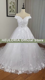 Off-Shoulder Shiny Tulle Lace Appliqué Princess Ball Gown Wedding Dress BA-1215
