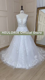 HEULORIA V-Neck Lace Beaded Boho A-Line Wedding Dress with Long Train AL-608
