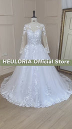 HEULORIA V-Neck Long Sleeve Lace Ball Gown Wedding Dress with Beading BA-638