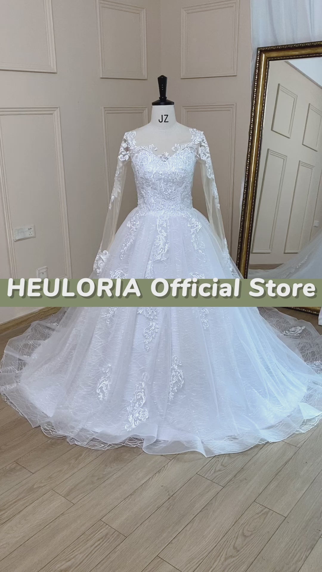 HEULORIA A-line long sleeve Court Train Lace Wedding Dress With Sequins AL-692