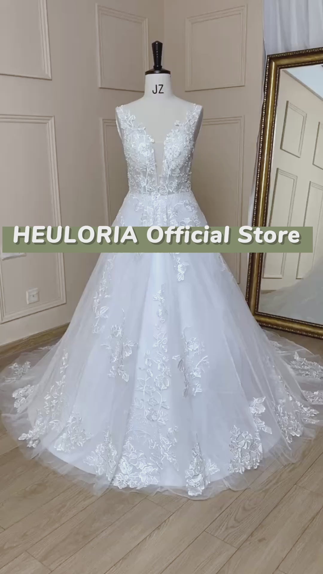 HEULORIA A-line V-Neck Court Train Lace Tulle Wedding Dress With Sequins Beading AL-608A