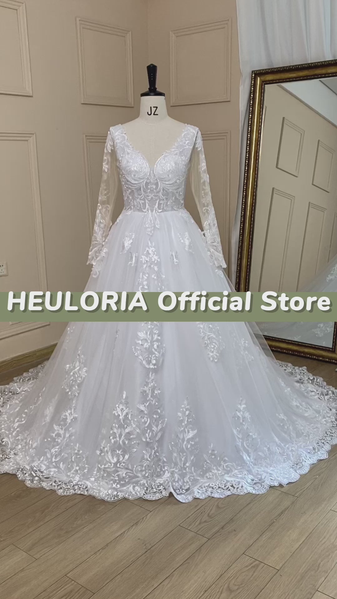 HEULORIA Ball-Gown/Princess V-Neck long sleeve Cathedral Train Tulle Lace Wedding Dress With Sequins BA-721
