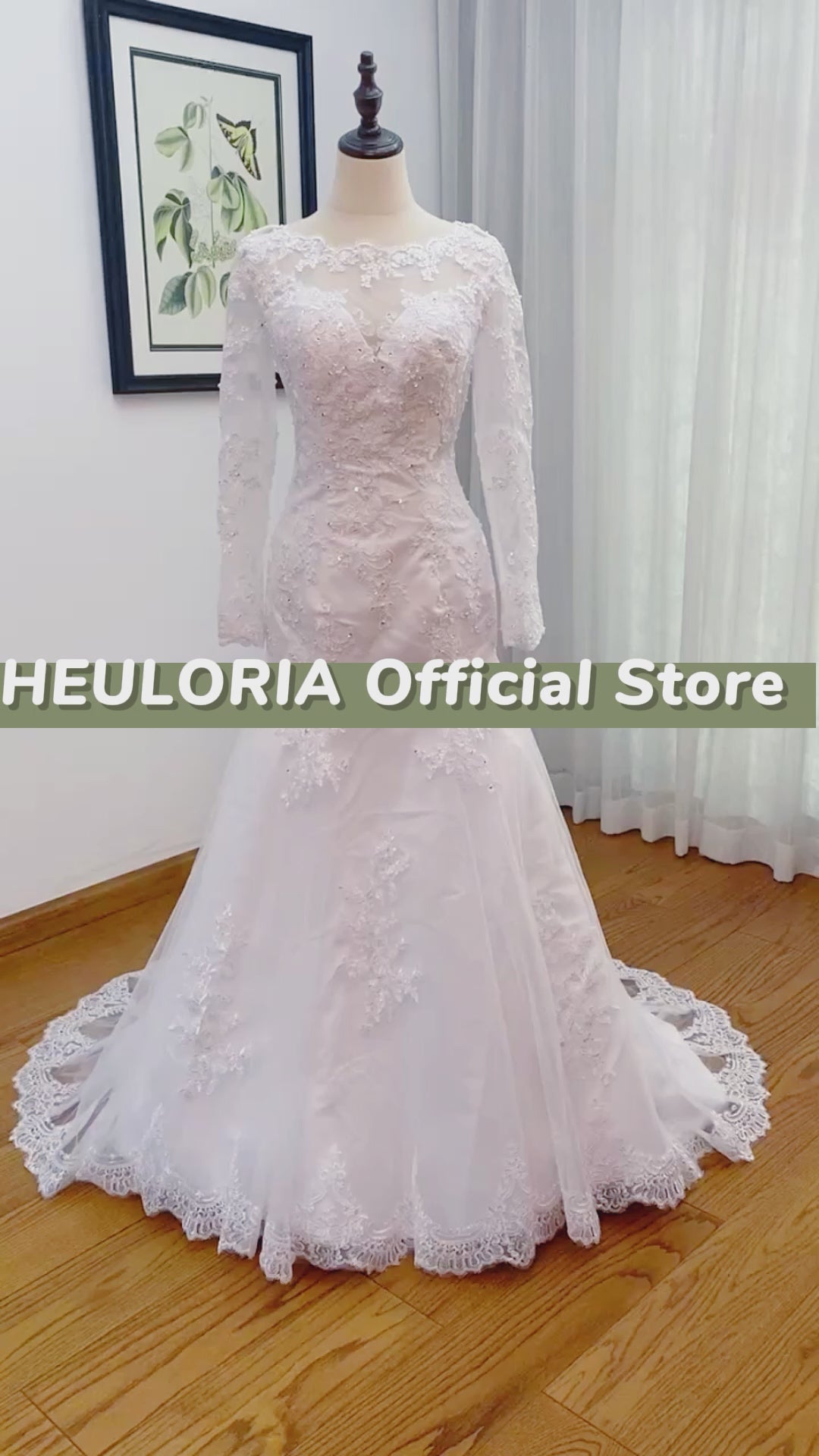 HEULORIA Mermaid Wedding Dresses long Sleeve O neck lace applique beading Bride Dress Robe de mariage customize ME-703