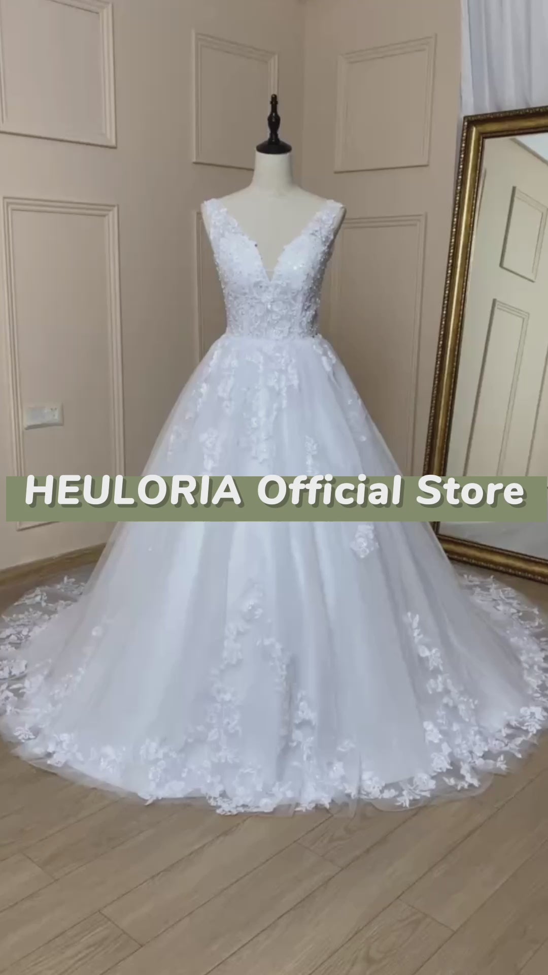 HEULORIA A-line V-Neck Court Train Lace Wedding Dress With Sequins beading AL-560A