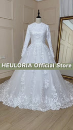 HEULORIA Elegant Long Sleeve Lace Beaded A-Line Muslim Wedding Dress with Modest O-Neck Design BA-576