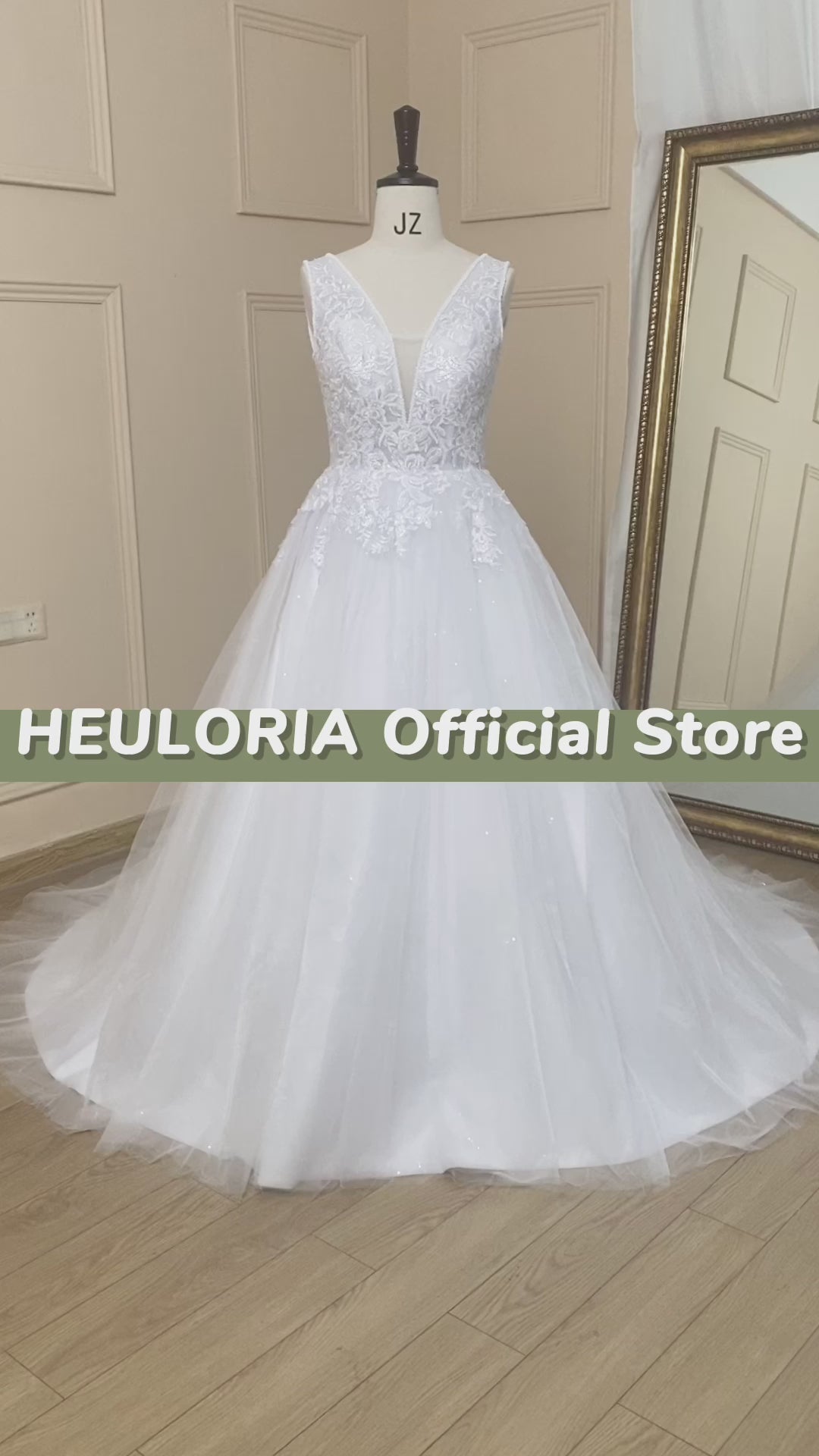HEULORIA A-line V-Neck Sweep Train Lace Tulle Wedding Dress With Sequins Beading AL-719