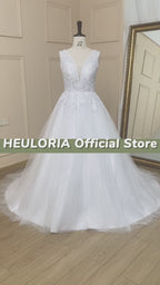 HEULORIA Elegant V-Neck Lace A-Line Wedding Dress Long Train Bridal Gown AL-719