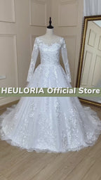 HEULORIA Long Sleeve Lace Ball Gown Wedding Dress with Illusion Neckline BA-601