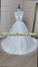 HEULORIA Floral Lace Beaded Deep V-Neck A-Line Wedding Dress with Open Back AL-528