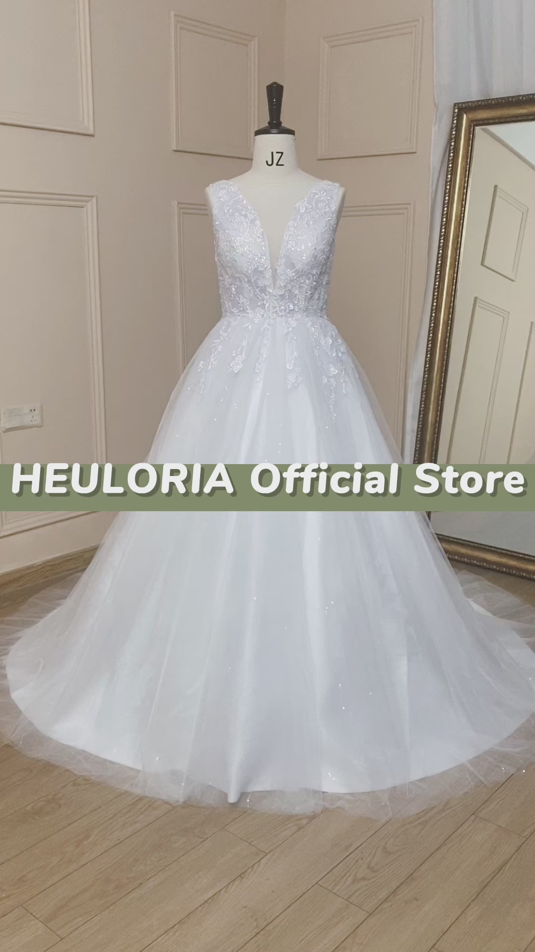 HEULORIA A-line V-Neck Sweep Train Lace Tulle Wedding Dress With Sequins AL-720