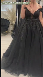 HEULORIA Elegant Black Off-Shoulder Lace A-Line Wedding Dress with Appliqué Bridal Gown BA-QK54