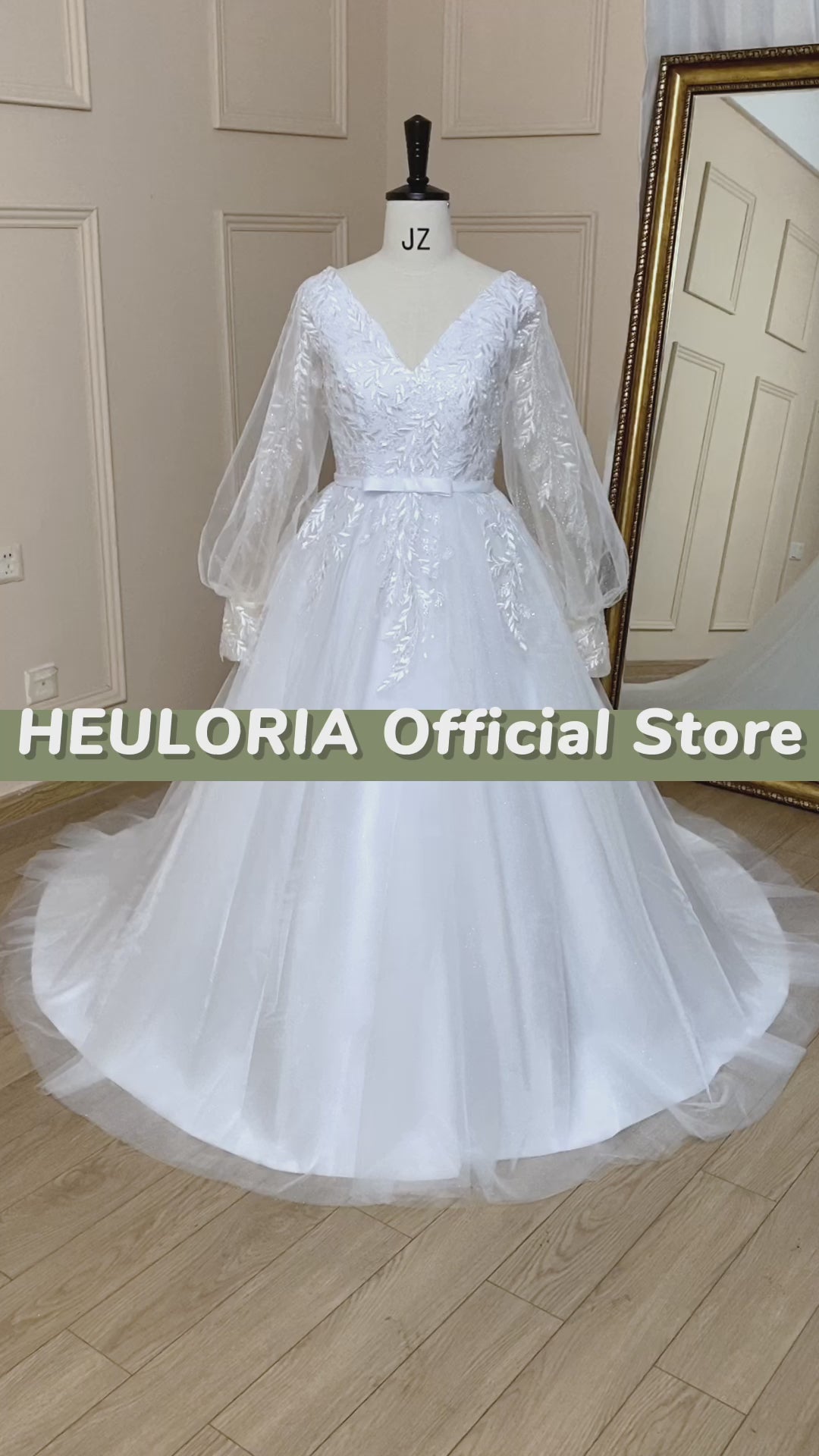 HEULORIA elegant A line long sleeve Court Train Tulle Lace Wedding Dress With Sequins AL-694